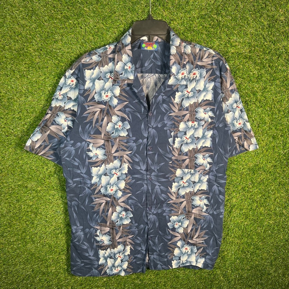 Hawaii Blues‎ Mens Hawaiian Button Down Shirt Blue Floral Hibiscus Bamboo Large